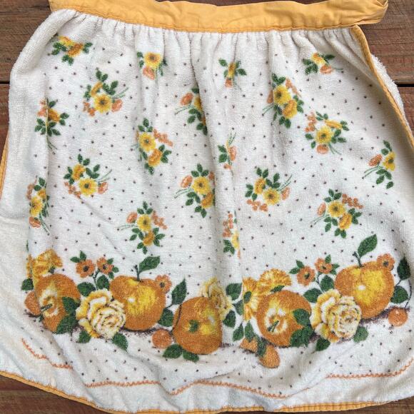 Vintage 70s Terry Cloth Half Apron Fruit Floral Print Retro Oranges Apples Roses - Picture 10 of 12